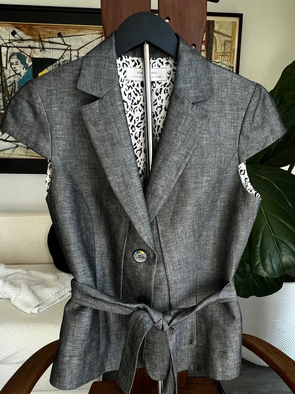 Tahari Charcoal Gray Sleeveless Belted Blazer and Skirt Set